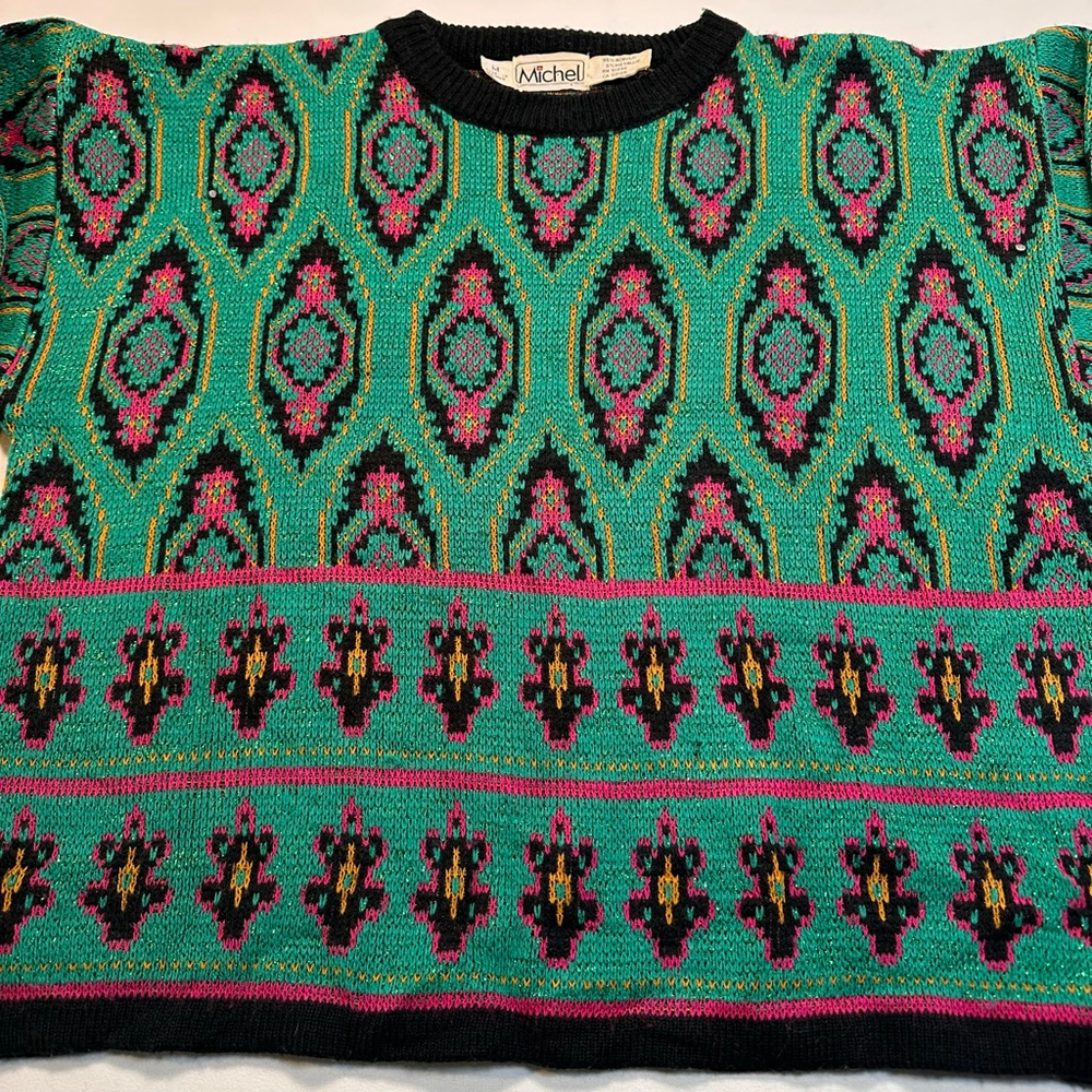 Michel | Vintage 1990s Cropped Metallic Geometric Knit Sweater | Jewel Tone | M - Picture 3 of 9